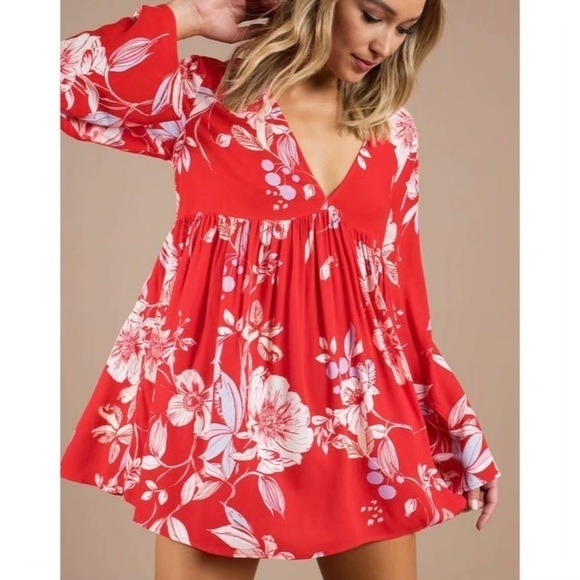 Free People Bella Red Floral Print Tunic Mini Dress Sz.  XS - Picture 3 of 15